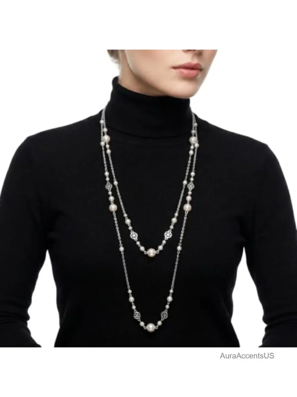 Layered Pearl Necklace Silver Chain Detachable Women Statement Jewelry